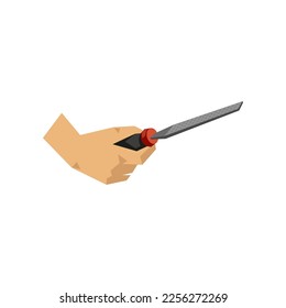 Hand of carpenter holding chisel vector illustration. Cartoon drawing of hand with steel instrument for construction on white background. Construction, industry, repair service concept