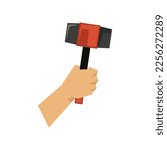 Hand of carpenter holding mallet or hammer vector illustration. Cartoon drawing of hand with steel instrument for construction on white background. Construction, industry, repair service concept