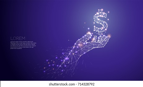 Hand carring under us dollar. Abstract vector illustration hand and motion. line dot graphic design. - line stroke weight editable