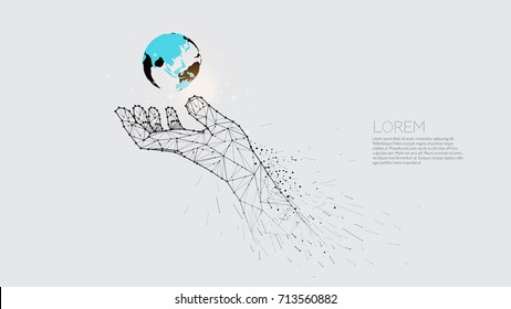 Hand carring under the world. Abstract vector illustration hand and motion. line dot graphic design. - line stroke weight editable