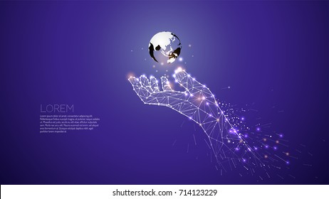 Hand carring under the world. Abstract vector illustration hand and motion. line dot graphic design. - line stroke weight editable
