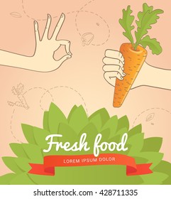 Hand with carrot. vector llustrations for flyer with fruit and vegetable