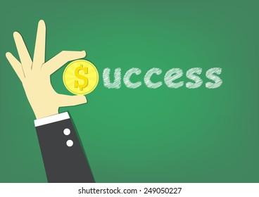 hand carry coin as S alphabet and white chalk write 'uccess' that is "success".