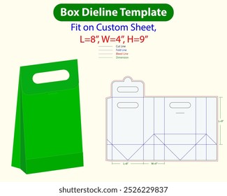 Hand carrying bag style box L 8, W 4, H 9 inch dieline template. Design Editable Vectoe File