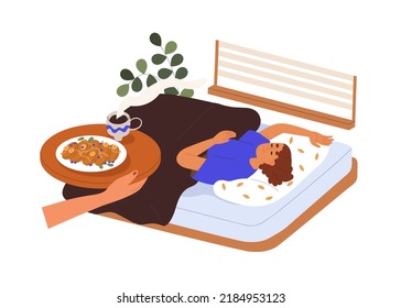 Hand carrying breakfast to sleeping woman in bed, serving with coffee cup, pancakes on tray. Asleep girl in morning and romantic food surprise. Flat vector illustration isolated on white background