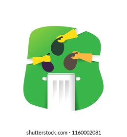 the hand carrying the garbage bag throws it into the trash.