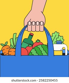 Hand carrying a grocery bag filled with fresh vegetables and groceries cartoon illustration retro perfect for food and wellness theme