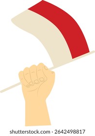 Mano Llevando Bandera Indonesia. Ilustración vectorial en Diseño Plano