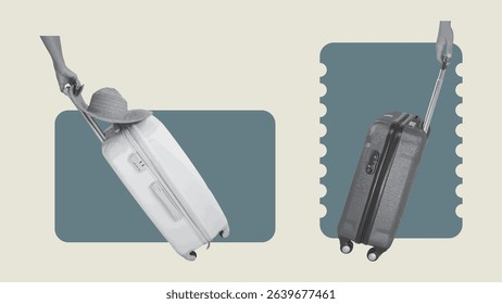 Hand carrying rolling luggage collage, black and white vintage color, isolated on plain background. Pop art style. Holiday travel concept.