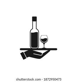 Hand carrying a tray with wine and wineglass. Serving drink icon design isolated on white background. Vector illustration