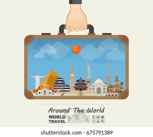 Hand carrying World famous Landmark. Global Travel And Journey Infographic Bag. Vector Flat Design Template.vector/illustration.Can be used for your banner,business, education, website or any artwork.