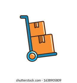 hand cart with cardboard boxes cargo delivery vector illustration line and fill