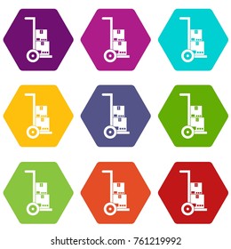 Hand cart with cardboards icon set many color hexahedron isolated on white vector illustration