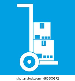 Hand cart with cardboards icon white