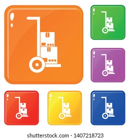 Hand cart with cardboards icons set collection vector 6 color isolated on white background