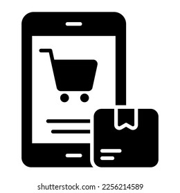 Hand cart inside mobile with parcel icon of online delivery order