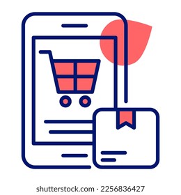 Hand cart inside mobile with parcel icon of online delivery order