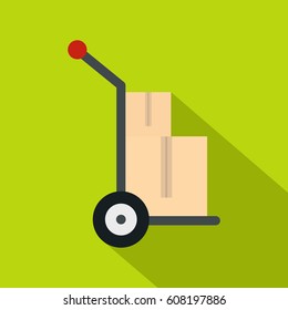 Hand cart with two cardboard boxes icon. Flat illustration of hand cart with two cardboard boxes vector icon for web isolated on lime background