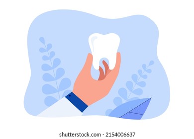 Hand Of Cartoon Dentist Holding Big Tooth. Doctor With Healthy Tooth Flat Vector Illustration. Dentistry, Oral Hygiene, Health Concept For Banner, Website Design Or Landing Web Page