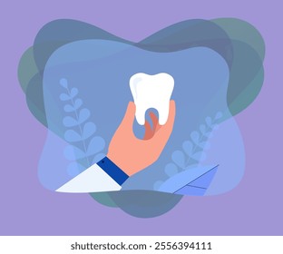 Hand of cartoon dentist holding big tooth. Doctor with healthy tooth flat vector illustration. Dentistry, oral hygiene, health concept for banner, website design or landing web page