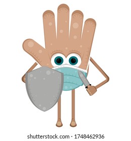 Hand cartoon with a face mask, shield and weapon - Vector
