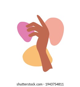 Hand cartoon illustration with muted shapes isolated on white background. Gesture without thumb. Brown arm body part motion. Sign language lady fingers silhouette. 
