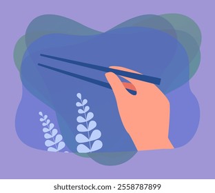 Hand of cartoon person holding chopsticks. Character eating Asian food with sticks in restaurant or cafe flat vector illustration. Food, Asia concept for banner, website design or landing web page