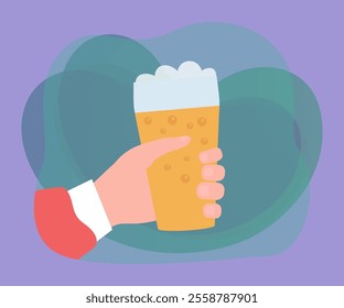 Hand of cartoon person holding glass of beer. Character with alcoholic drink or beverage flat vector illustration. Alcohol, addiction, health concept for banner, website design or landing web page