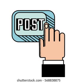 hand cartoon and post button over white background. colorful design. vector illustration