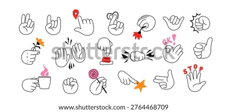 Hand cartoon set of diverse gestures vector illustration. Line art icons design of peace sign, heart, thumbs up, stop. Flat graphic for communication, stickers, hands elements on white background.