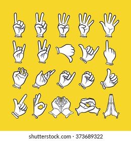 Hand cartoon set with various gesture isolated on yellow background.