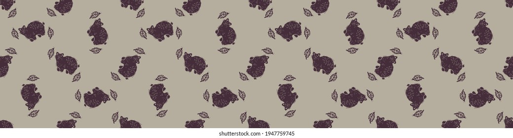 Hand carved bear block print seamless border pattern. Rustic naive folk motif illustration banner. Modern simple heritage style natural lino cut illustration. Ethnic primitive edge bordure.