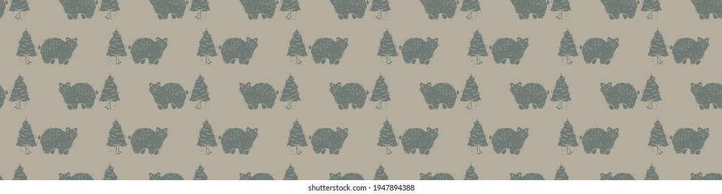 Hand carved bear block print seamless border pattern. Rustic naive folk motif illustration banner. Modern simple heritage style natural lino cut illustration. Ethnic primitive edge bordure.