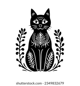 Hand carved block print cat in linocut style, textured silhouette childish vector illustration, isolated on white.