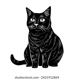 Pieza de gato de impresión de bloques tallados a mano en estilo linocut, silueta texturada ilustración infantil vectorial, aislada en blanco.