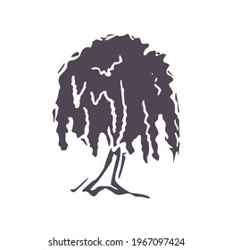 Hand carved bold block print tree icon clip art. Folk heritage illustration design element. Modern boho decorative linocut. Ethnic muted natural tones. Isolated rustic vector motif. 