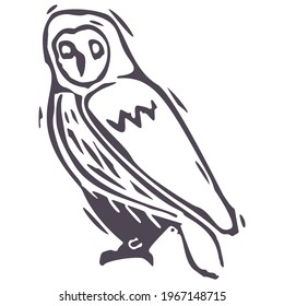 Dibujo gráfico del icono del icono del búho de la impresión de negrita tallada a mano. Elemento de diseño de ilustración folk. Locuta decorativa moderna de boho. Tonos naturales entrecortados. Motif vectorial rústico aislado. 