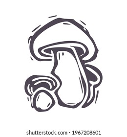 Dibujo gráfico de icono de hongos de la impresión de bloques de negrita tallada a mano. Elemento de diseño de ilustración folclórica. Locuta decorativa moderna de boho. Tonos naturales entrecortados. Motif vectorial rústico aislado. 