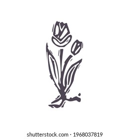 Dibujo gráfico del icono de la flor del bloque de negrita tallado a mano. Elemento de diseño de ilustración folclórica. Locuta decorativa moderna de boho. Tonos naturales entrecortados. Motif vectorial rústico aislado. 
