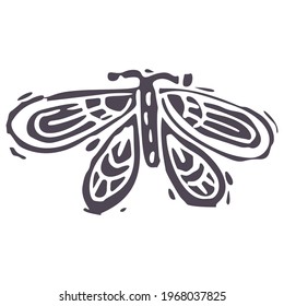 Hand carved bold block print butterfly icon clip art. Folk illustration design element. Modern boho decorative linocut. Ethnic muted natural tones. Isolated rustic vector motif. 