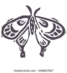 Hand carved bold block print butterfly icon clip art. Folk illustration design element. Modern boho decorative linocut. Ethnic muted natural tones. Isolated rustic vector motif. 