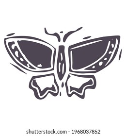 Hand carved bold block print butterfly icon clip art. Folk illustration design element. Modern boho decorative linocut. Ethnic muted natural tones. Isolated rustic vector motif. 