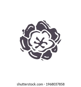 Hand carved bold block print flower icon clip art. Folk illustration design element. Modern boho decorative linocut. Ethnic muted natural tones. Isolated rustic vector motif. 