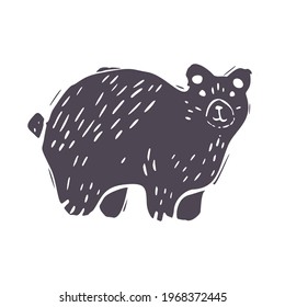 Hand carved bold block print bear icon clip art. Folk illustration design element. Modern boho decorative linocut. Ethnic muted natural tones. Isolated rustic vector motif. 