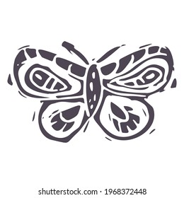 Hand carved bold block print butterfly icon clip art. Folk illustration design element. Modern boho decorative linocut. Ethnic muted natural tones. Isolated rustic vector motif. 