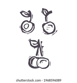 Hand carved bold block print squirrel cherry fruit icon clip art. Folk illustration design element. Modern boho decorative linocut. Ethnic muted natural tones. Isolated rustic vector motif. 
