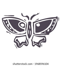 Hand carved bold block print butterfly icon clip art. Folk illustration design element. Modern boho decorative linocut. Ethnic muted natural tones. Isolated rustic vector motif. 