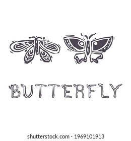 Hand carved bold block print butterfly text icon clip art. Folk illustration design element. Modern boho decorative linocut. Ethnic muted natural tones. Isolated rustic vector motif. 