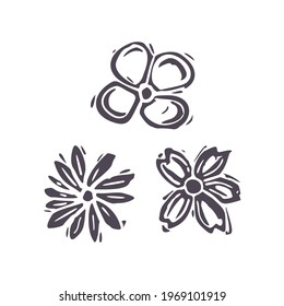 Hand carved bold block print flower icon clip art. Folk illustration design element. Modern boho decorative linocut. Ethnic muted natural tones. Isolated rustic vector motif. 