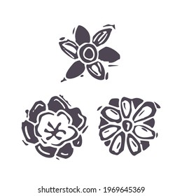 Hand carved bold block print flower icon clip art. Folk illustration design element. Modern boho decorative linocut. Ethnic muted natural tones. Isolated rustic vector motif. 